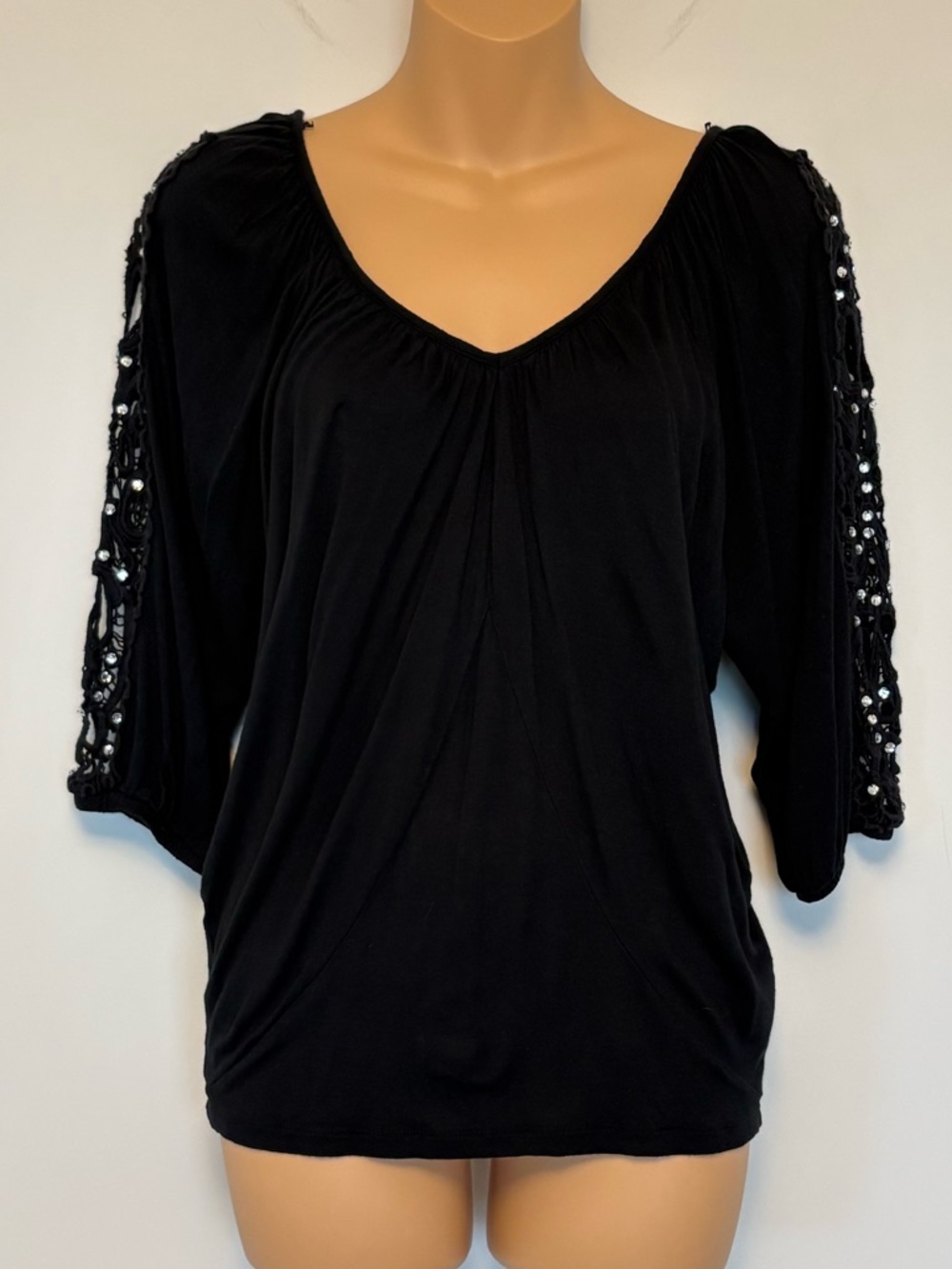 INC Crochet Sleeve Top with Rhinestones Balloon sleeve size Small